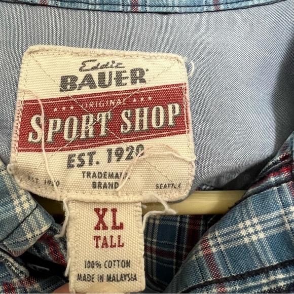 Eddie Bauer Shirt Men's Plaid Button Down‎ Front Pocket XLT XL Tall Blue Twill - Picture 4 of 8